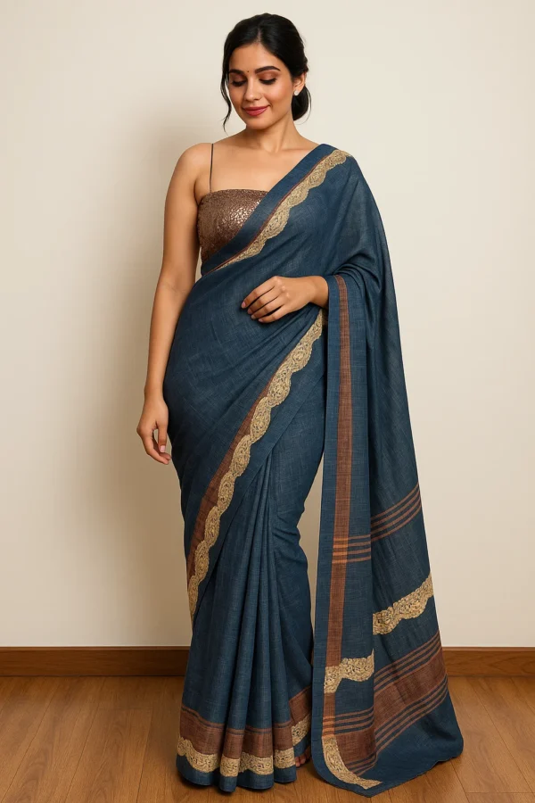 SOFT GREY BLUE LINEN SAREE - Image 5
